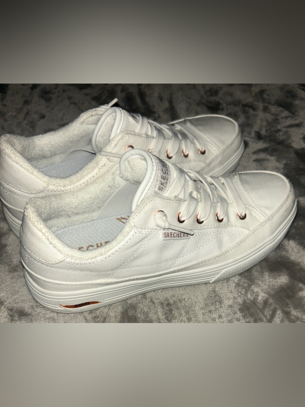 Skechers Women's White Slip On Casual Sneakers with Rose Gold Eyelets - Picture 5 of 8